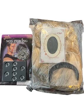 Halloween Costume Accessories Lot Wig, Mustache Rings Non-Pierced Necklace